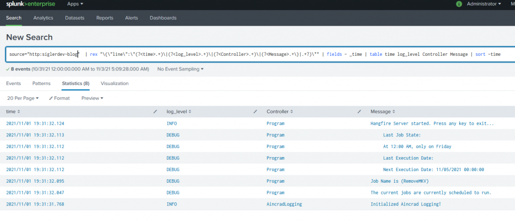 Splunk search results showing parsed log fields
